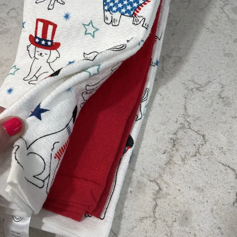 Set of 3 PATRIOTIC DOGS Kitchen Towels DALMATIAN DACHSHUND SCHNAUZER RETRIEVER